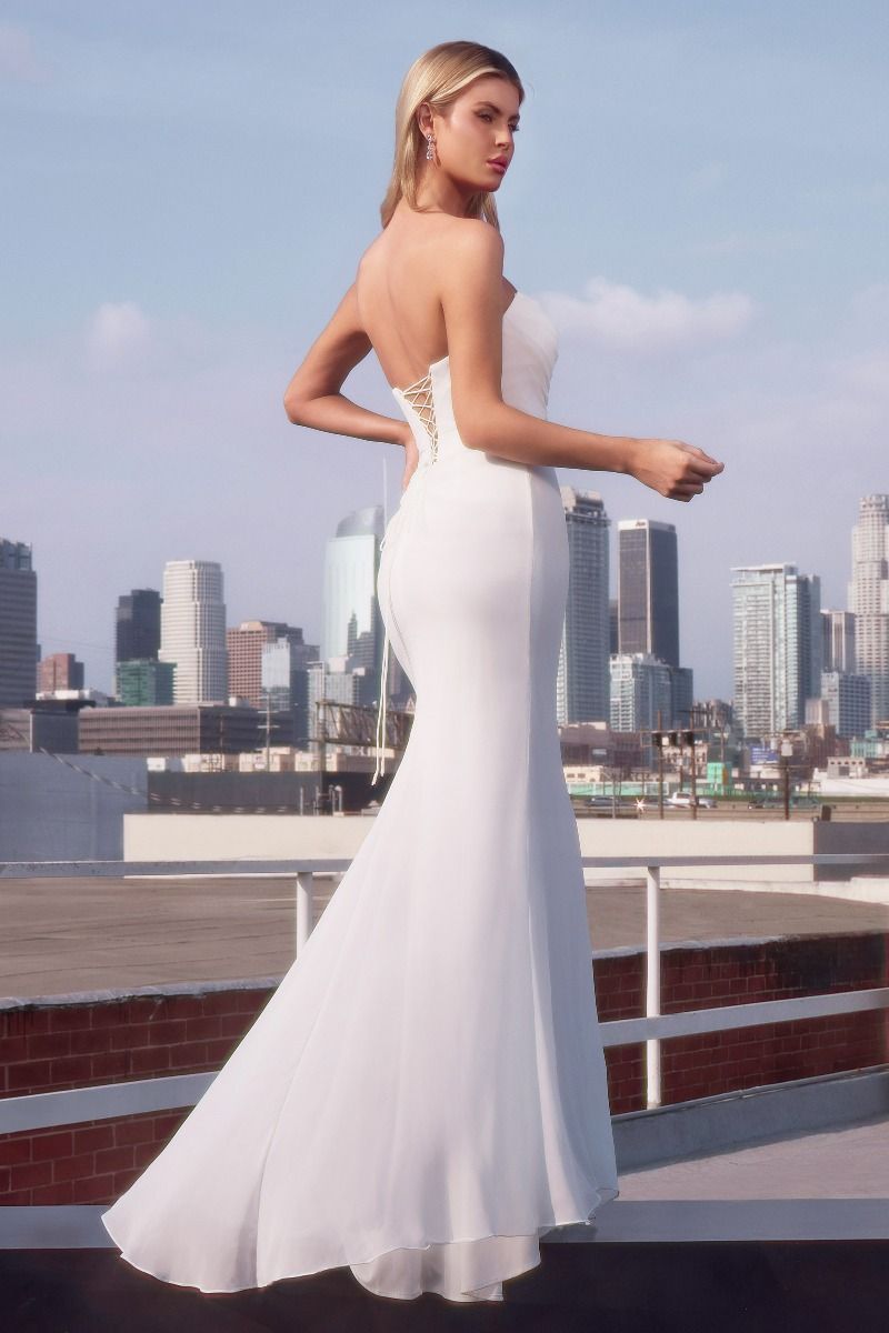 Strapless Chiffon Fitted Off-White Dress (7434W)