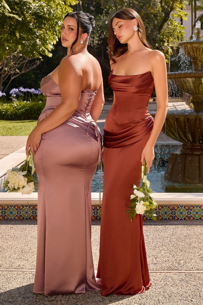 Two Piece Satin Fitted Strapless Dress (7439)