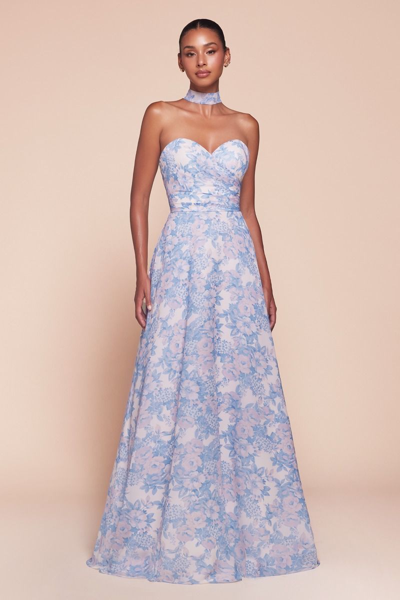 Strapless A-Line Floral Satin Dress (7443)