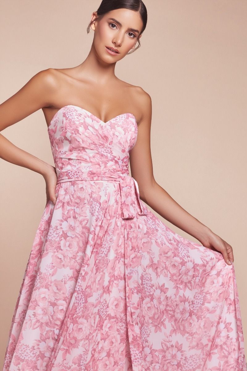 Strapless A-Line Floral Satin Dress (7443)