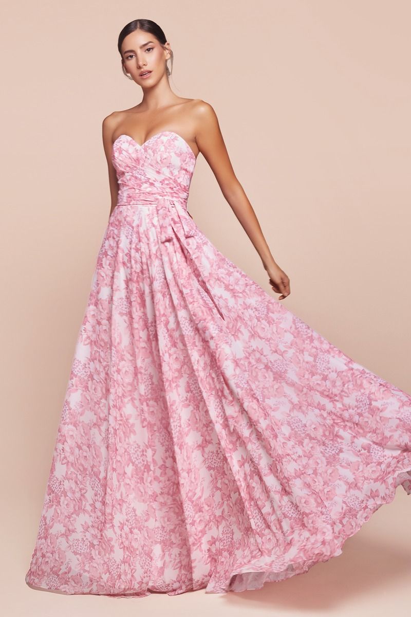 Strapless A-Line Floral Satin Dress (7443)