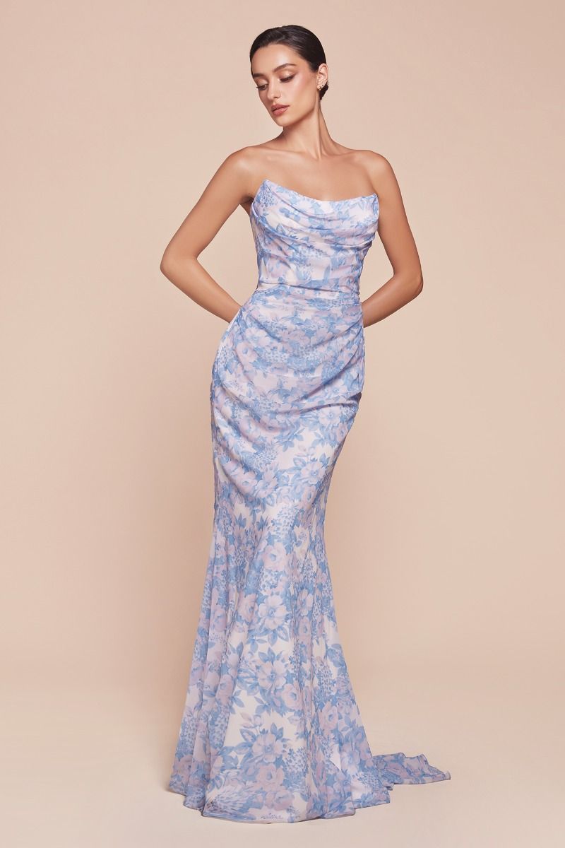 Strapless Floral Printed Soft Satin Dress (7445)