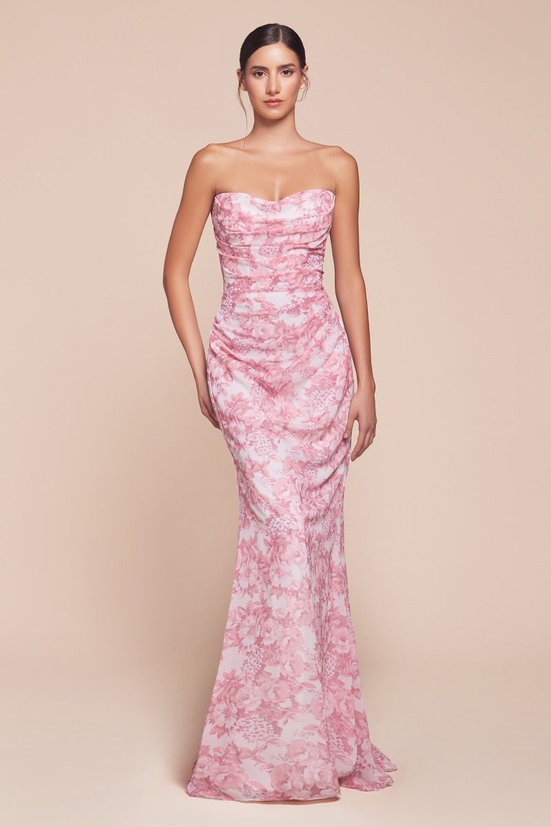 Strapless Floral Printed Soft Satin Dress (7445)