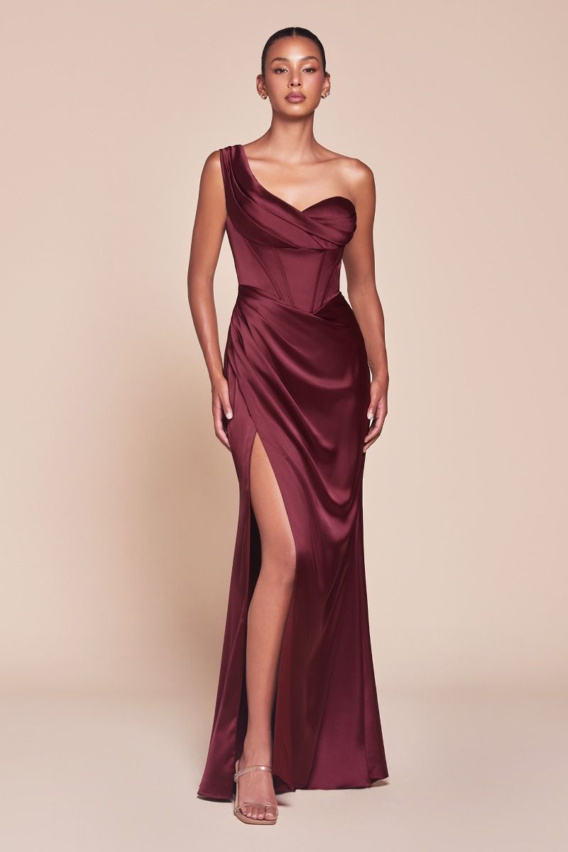 One Shoulder Satin Corset Gown (7448)