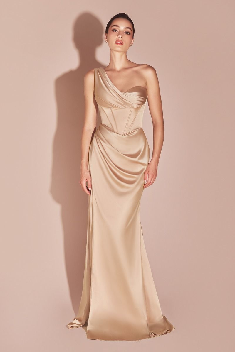 One Shoulder Satin Corset Gown (7448)