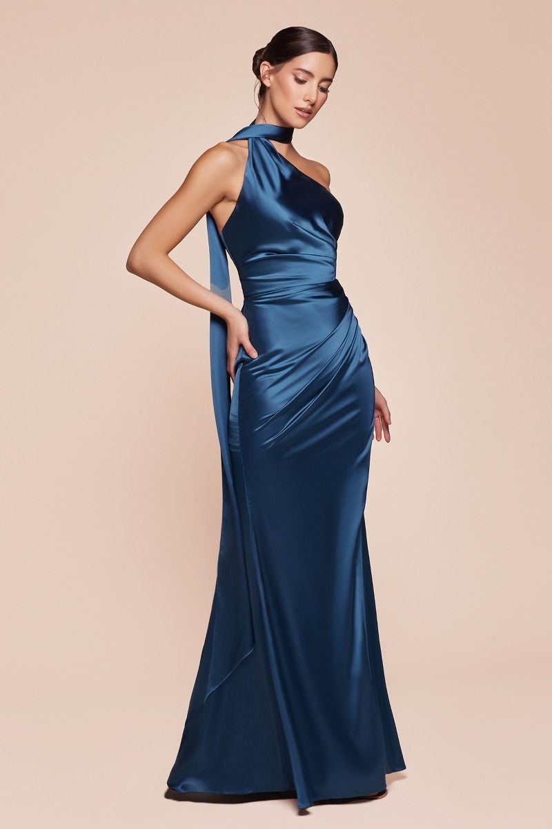 Elegant Wrap Halter Satin Gown with One Shoulder and Slit (7454)