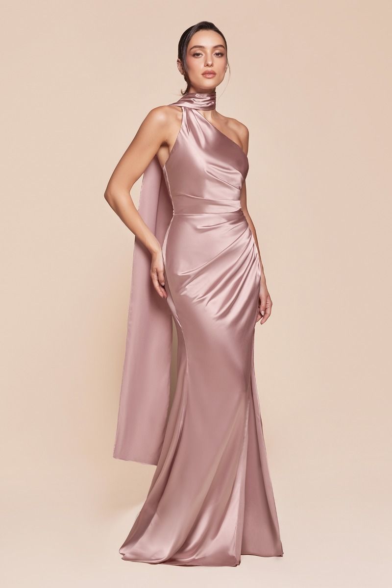 Elegant Wrap Halter Satin Gown with One Shoulder and Slit (7454)