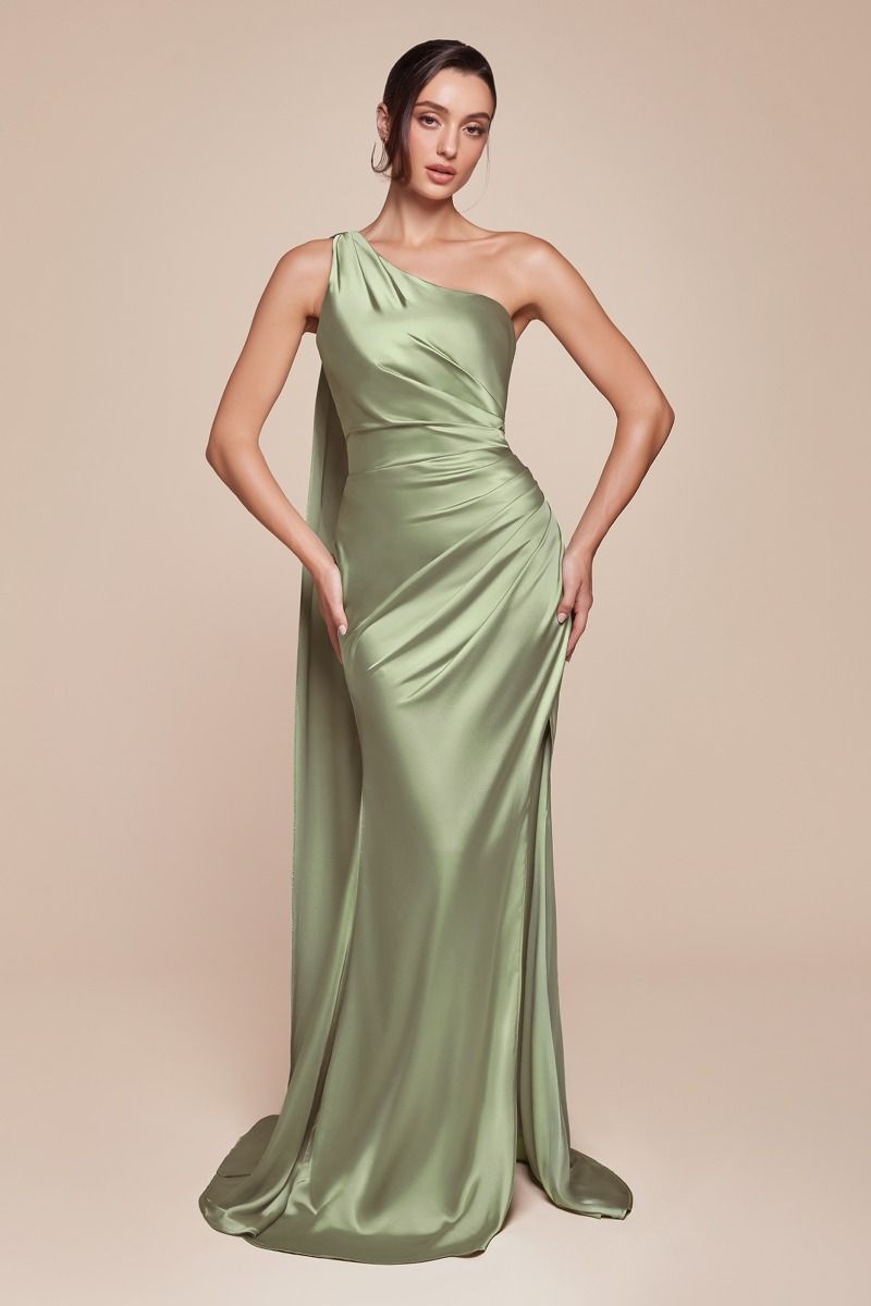 Elegant Wrap Halter Satin Gown with One Shoulder and Slit (7454)