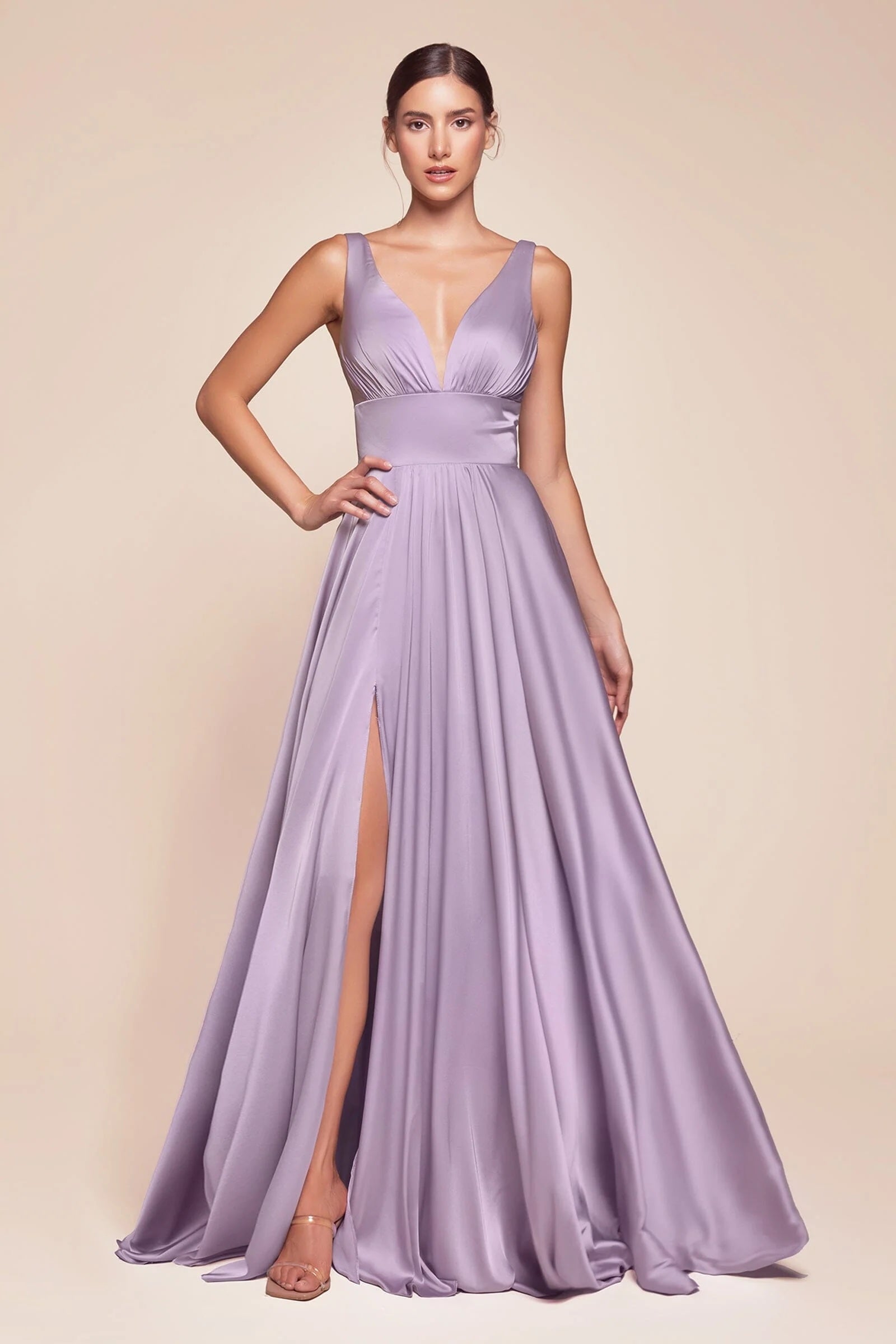 Elegant Deep V-Neck Satin A-Line Gown with Empire Waist (7469)