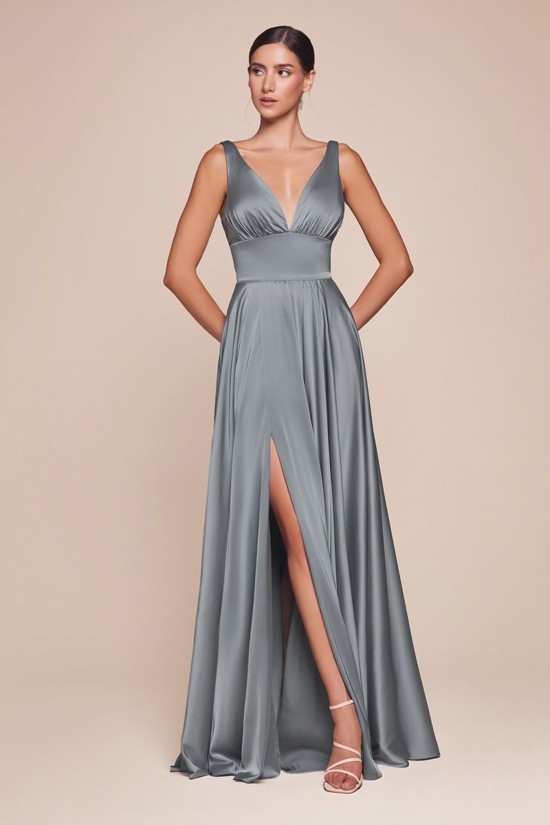 Elegant Deep V-Neck Satin A-Line Gown with Empire Waist (7469)