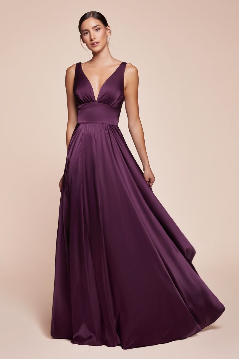 Elegant Deep V-Neck Satin A-Line Gown with Empire Waist (7469)