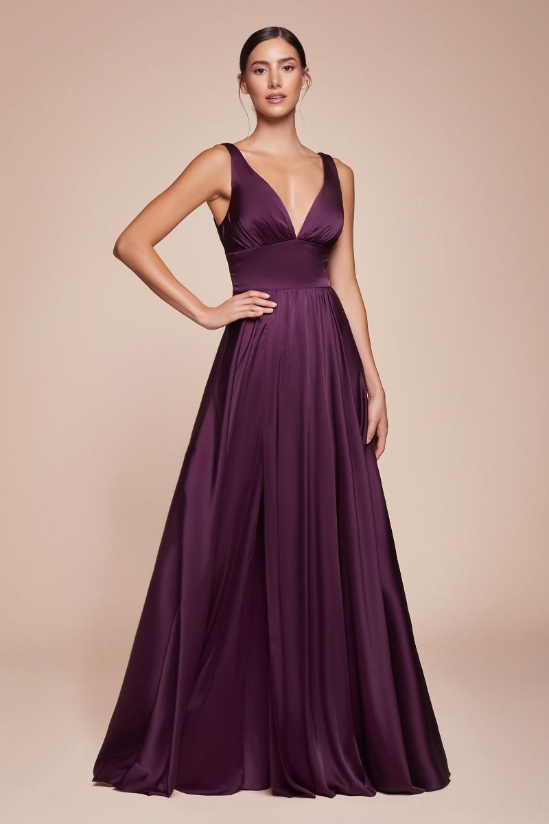 Elegant Deep V-Neck Satin A-Line Gown with Empire Waist (7469)
