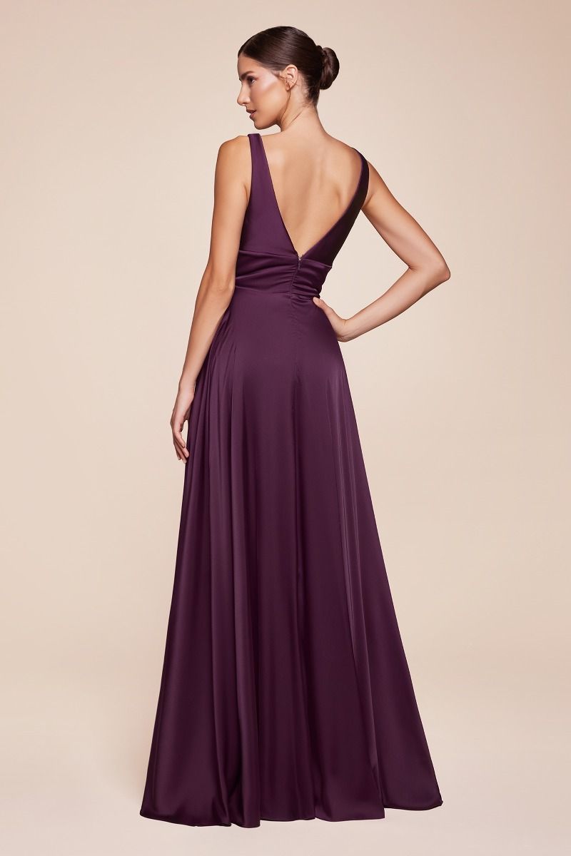 Elegant Deep V-Neck Satin A-Line Gown with Empire Waist (7469)