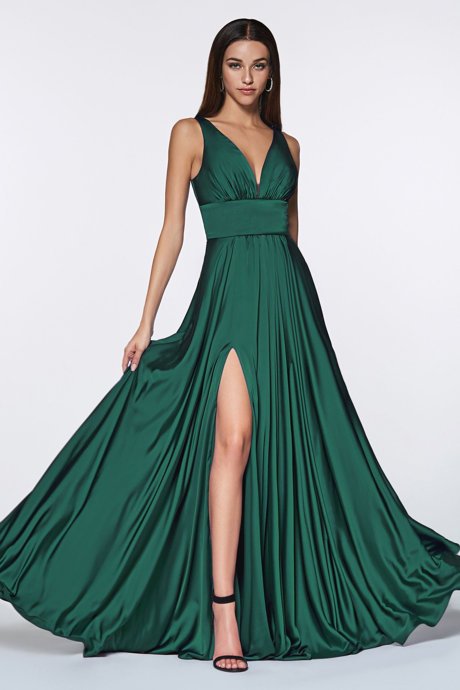 Elegant Deep V-Neck Satin A-Line Gown with Empire Waist (7469)