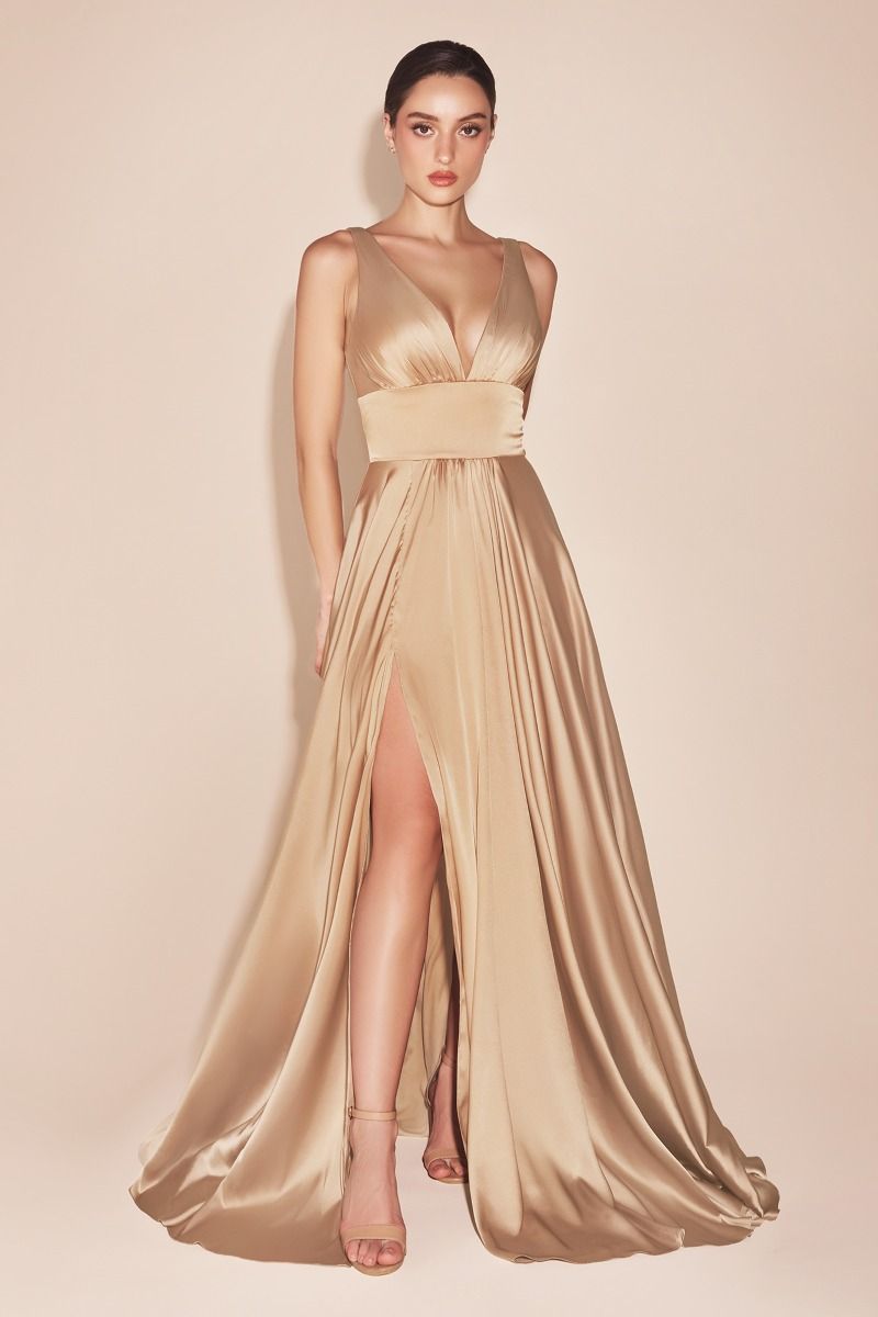 Elegant Deep V-Neck Satin A-Line Gown with Empire Waist (7469)