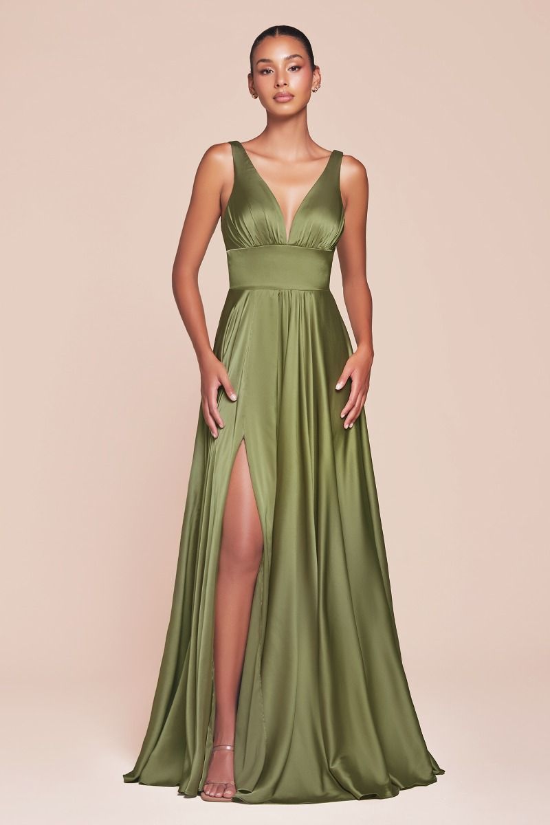 Elegant Deep V-Neck Satin A-Line Gown with Empire Waist (7469)