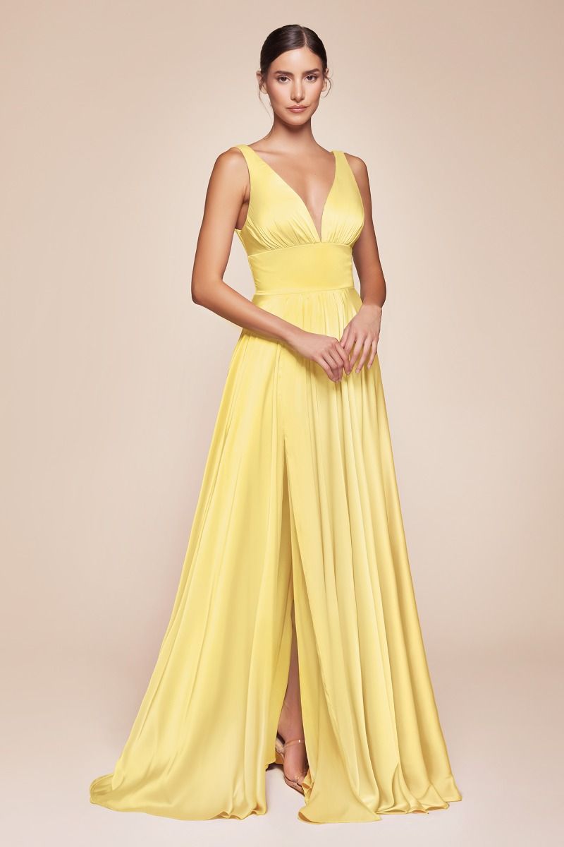 Elegant Deep V-Neck Satin A-Line Gown with Empire Waist (7469)