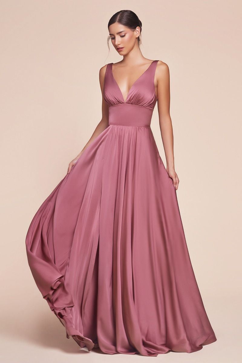 Elegant Deep V-Neck Satin A-Line Gown with Empire Waist (7469)