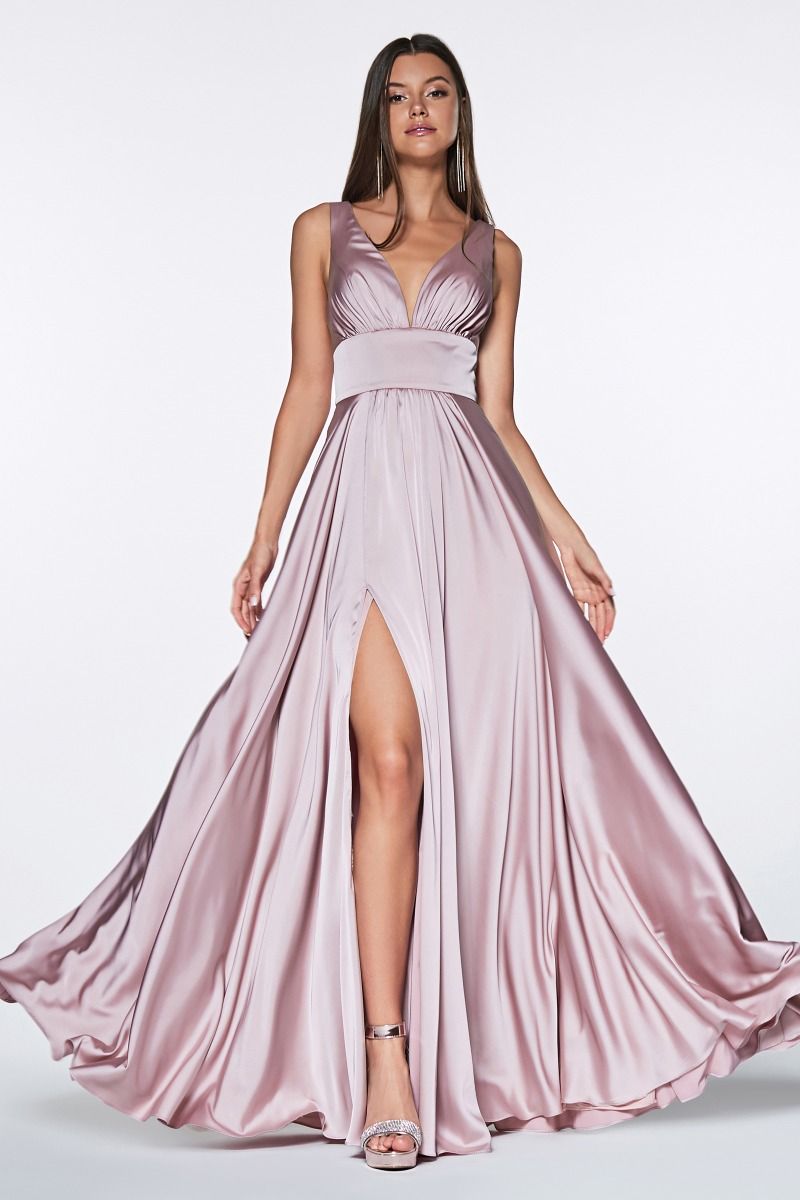 Elegant Deep V-Neck Satin A-Line Gown with Empire Waist (7469)