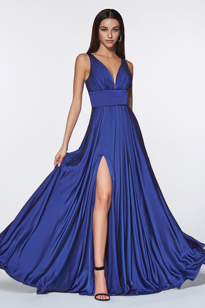 Elegant Deep V-Neck Satin A-Line Gown with Empire Waist (7469)