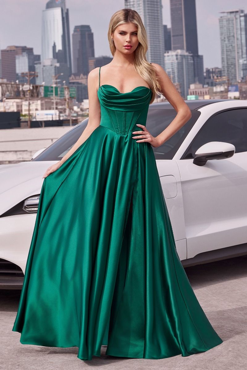 Elegant Pleated Satin Corset with A Line Gown and Slit (7481)