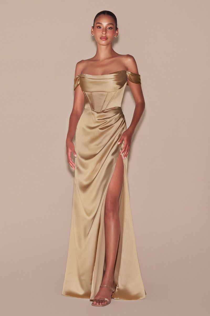 Elegant Off the Shoulder Satin Gown with Draped Bodice and Slit (7492)