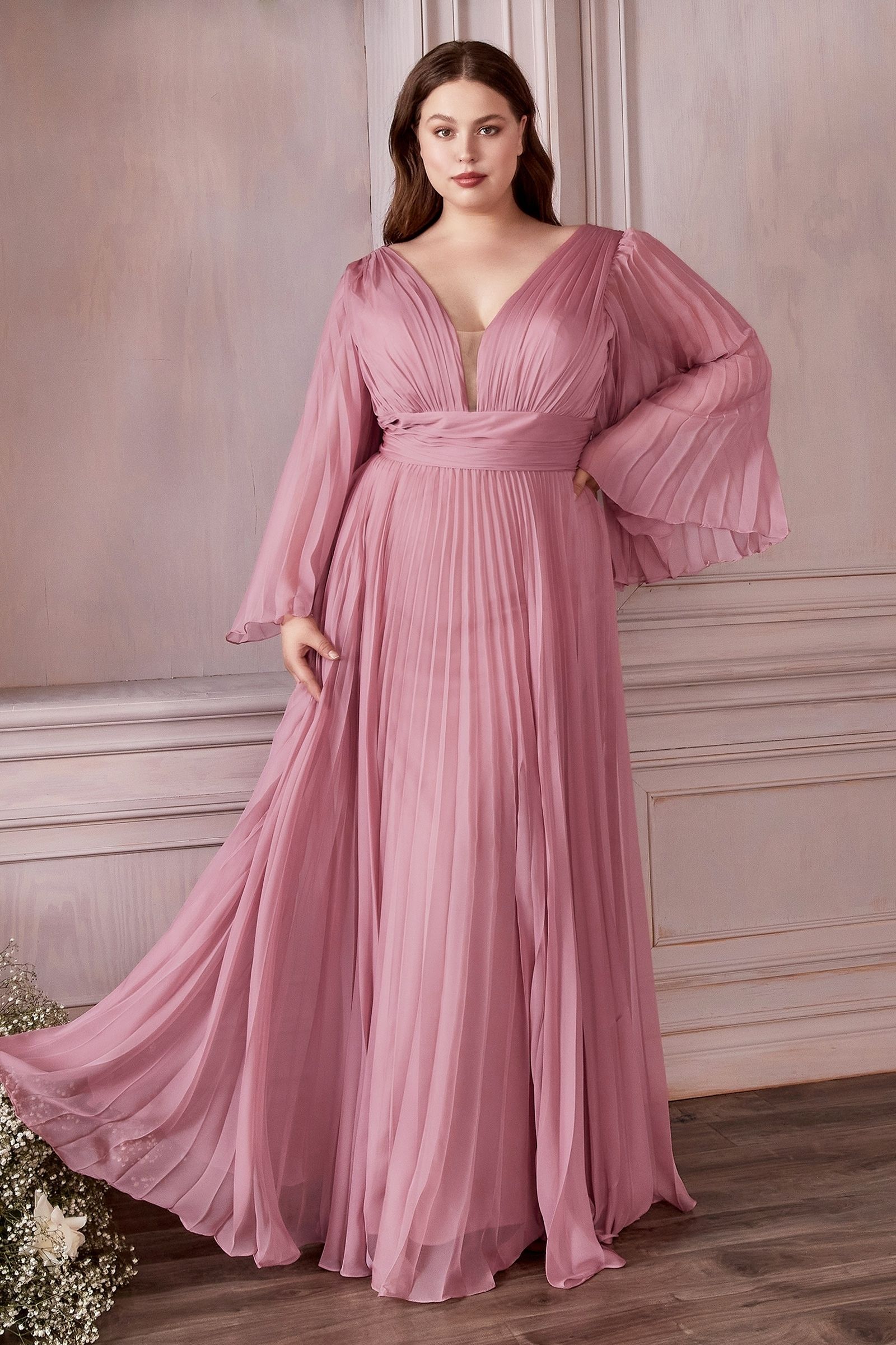 Pleated Chiffon Long Sleeve Gown (CD242)
