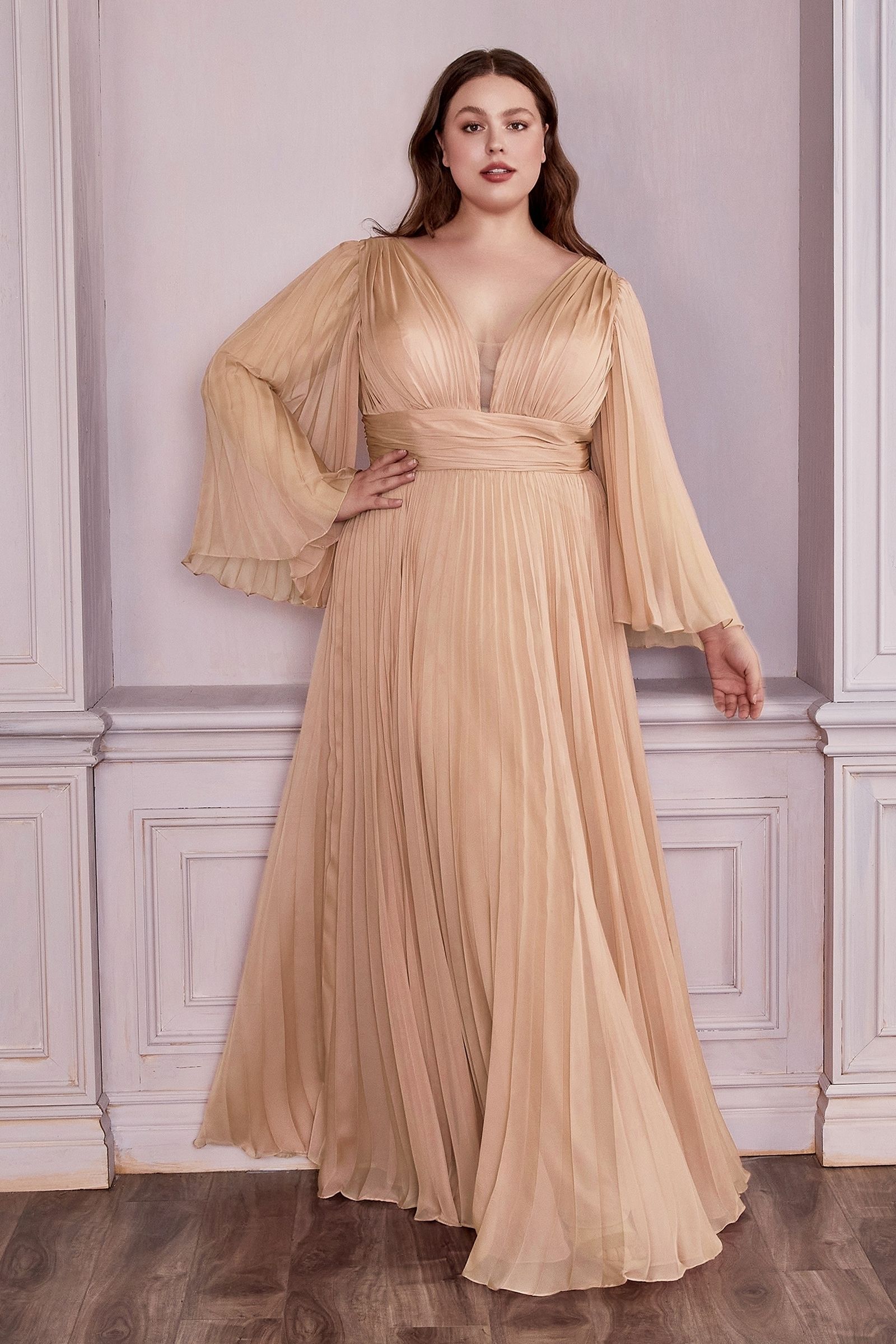 Pleated Chiffon Long Sleeve Gown (CD242C)