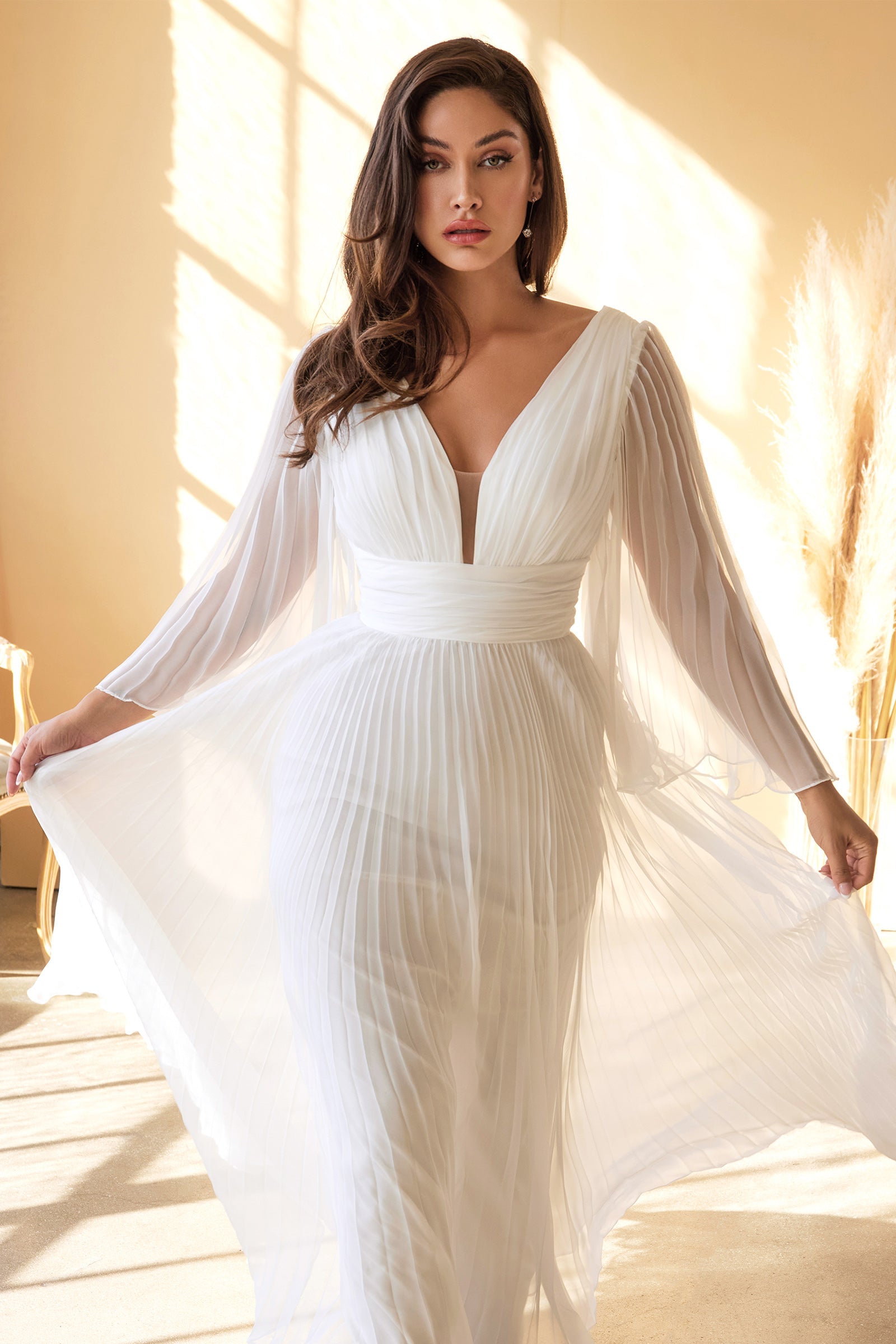 Pleated Chiffon Long Sleeve Bridal Gown (CD242W)