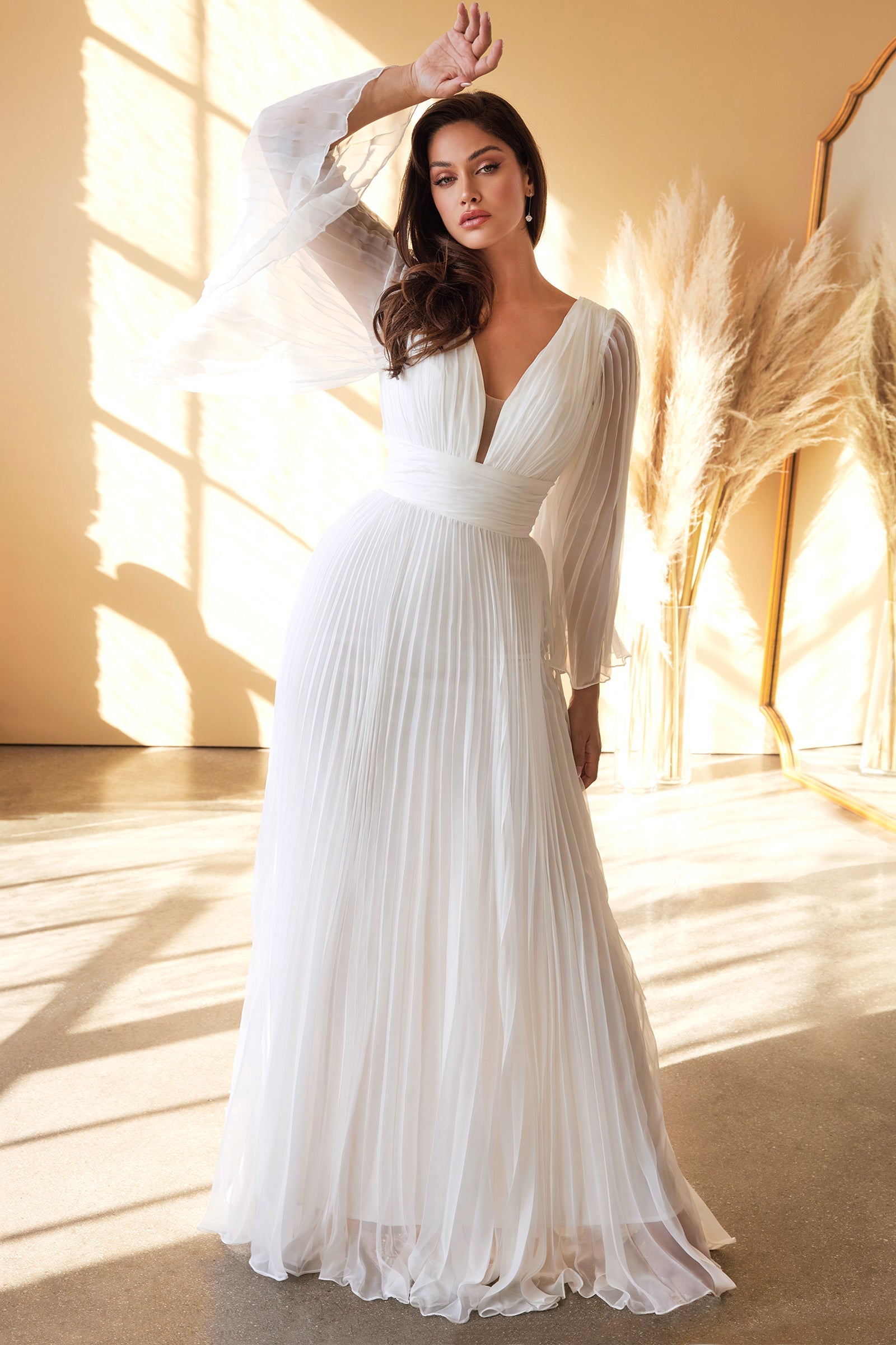 Pleated Chiffon Long Sleeve Bridal Gown (CD242W)