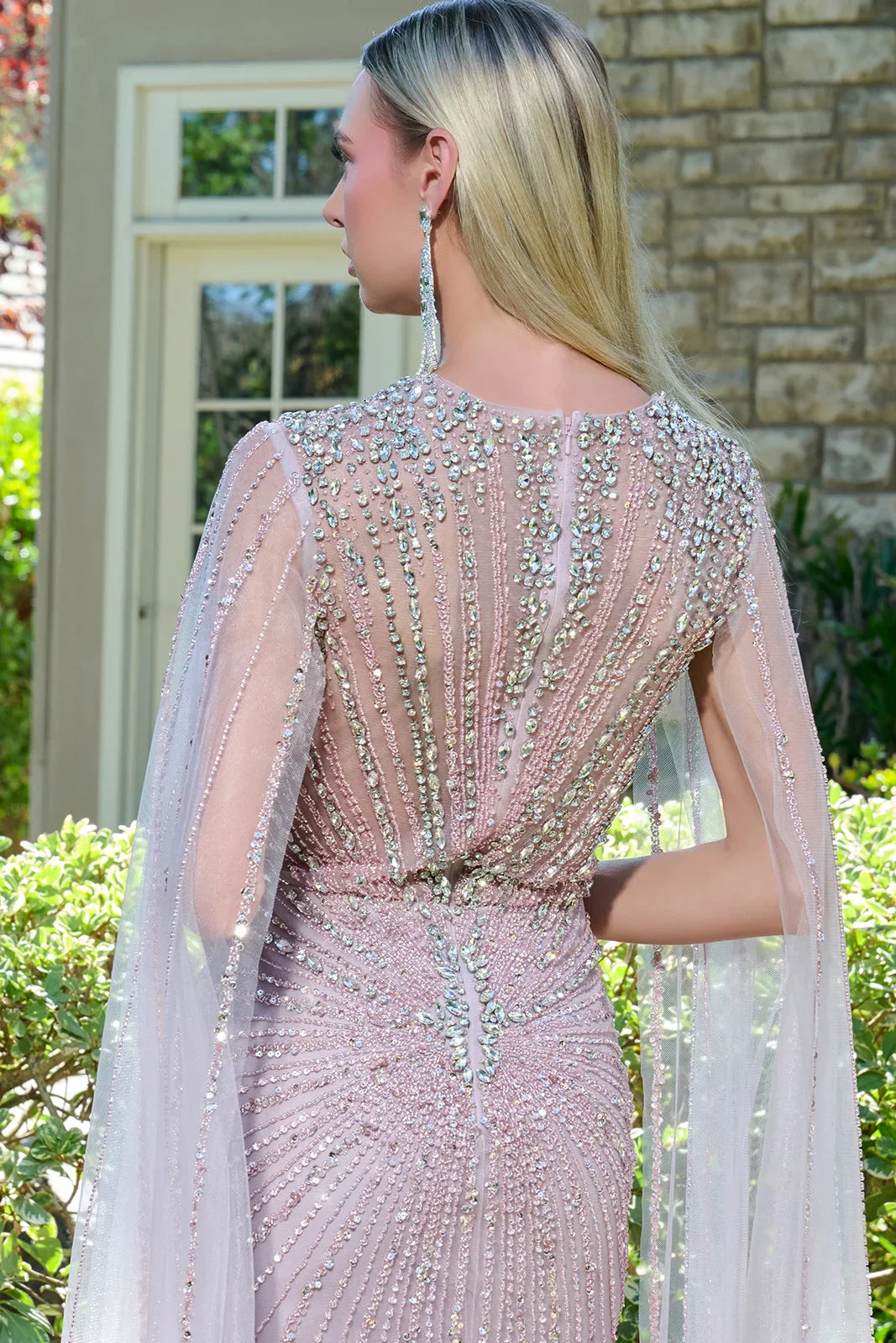 Queen Anne Neckline Cape Sleeves Zipper Fitted Embellished Dress (GL3664)