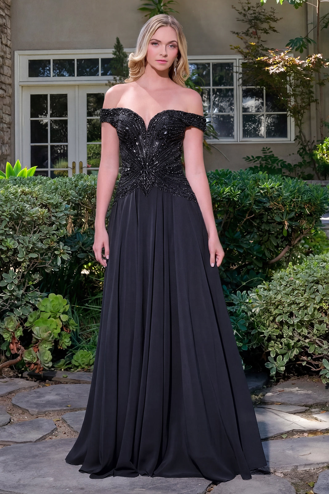 Bejeweled Off-Shoulder A-Line Chiffon Dress with V-Neckline (GL3738)