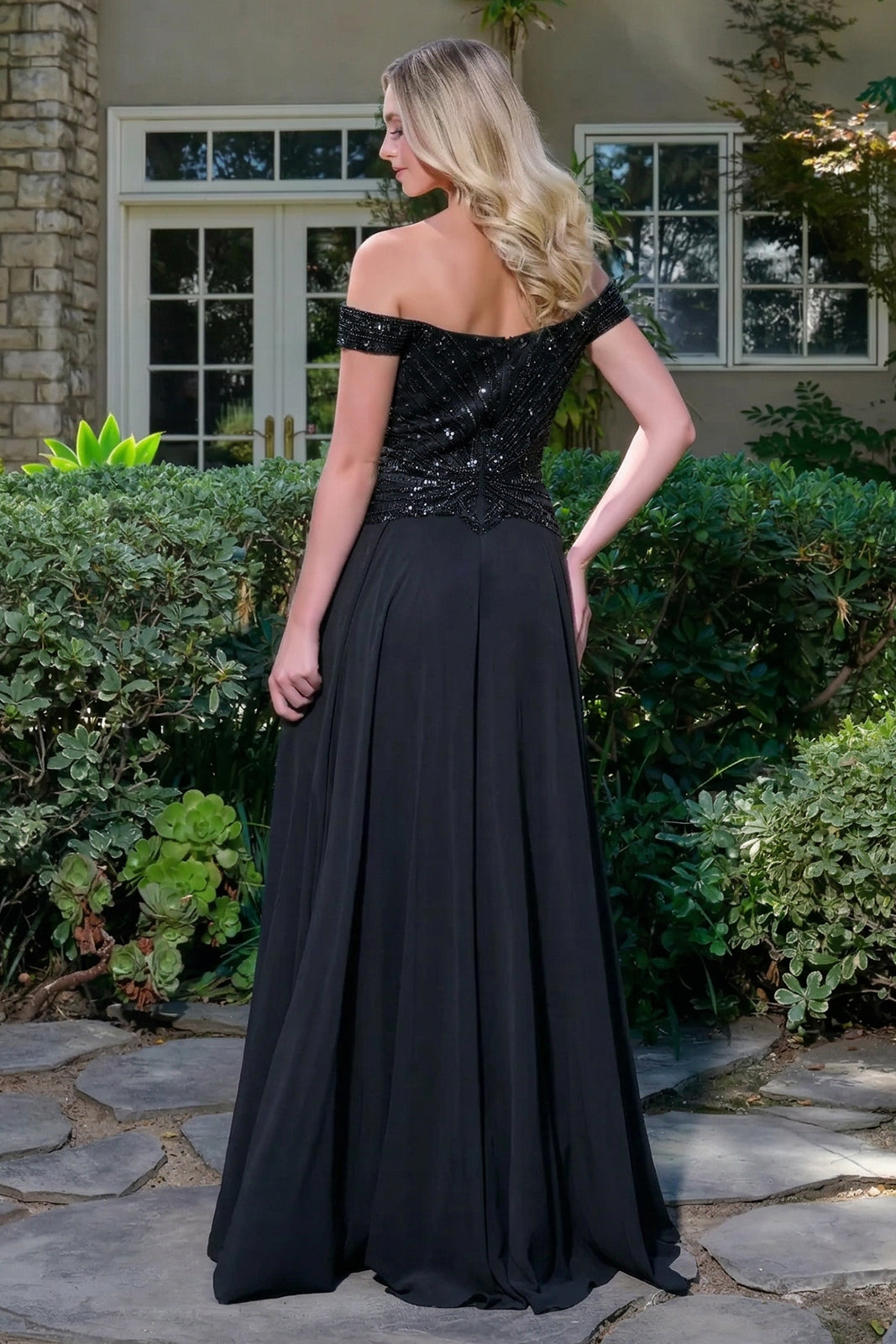 Bejeweled Off-Shoulder A-Line Chiffon Dress with V-Neckline (GL3738)