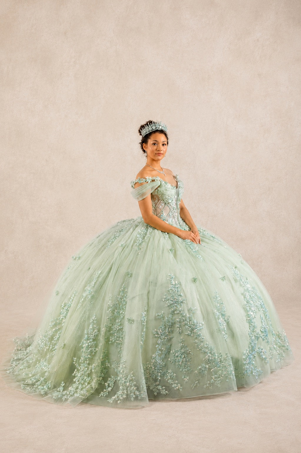 Enchanted Off-Shoulder Glitter Ball Gown with Embellished Corset Bodice (SCL-30042)