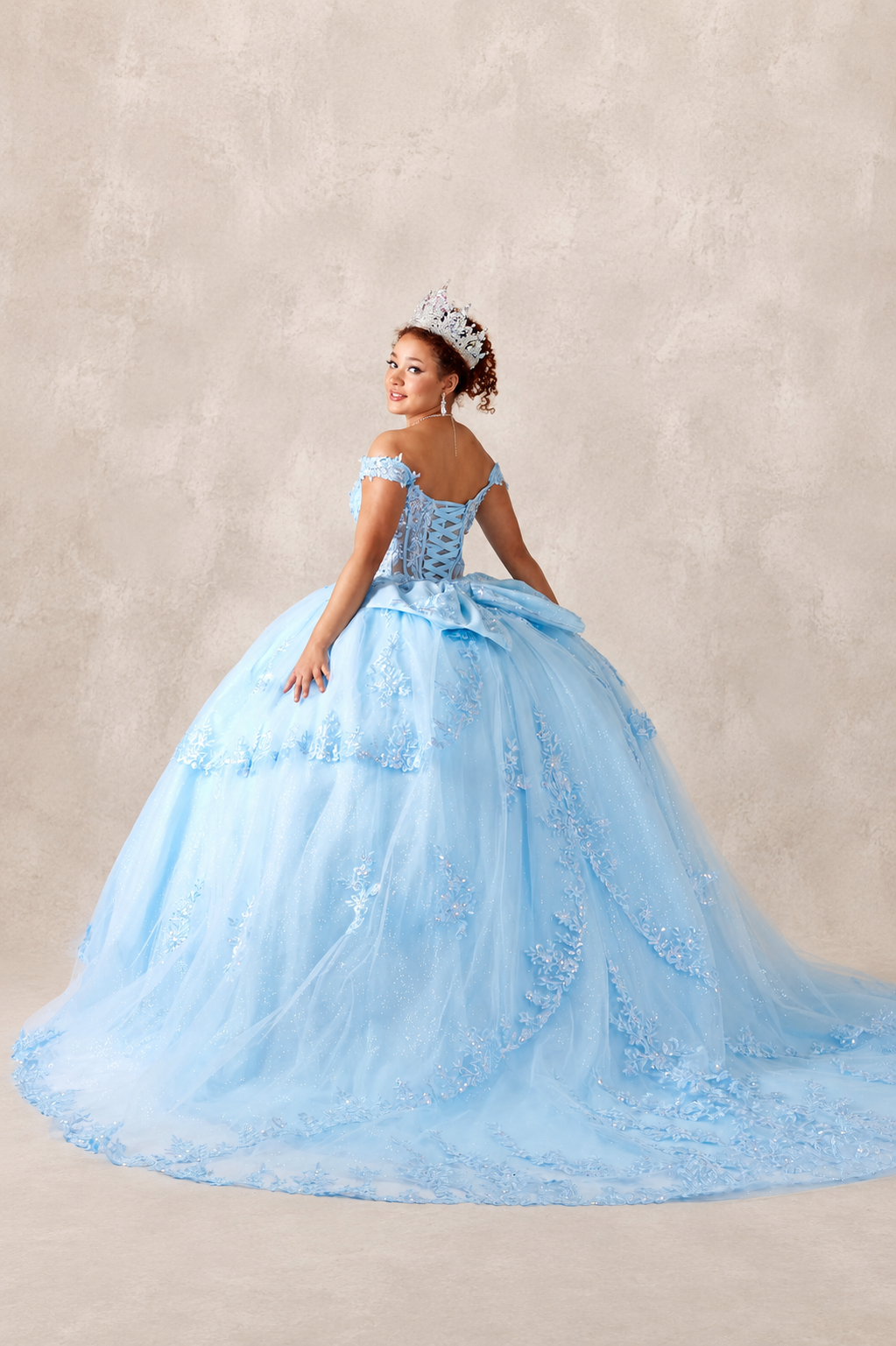 Regal Off-Shoulder Embroidered Ball Gown with Layered Overskirt (SCL-30040)