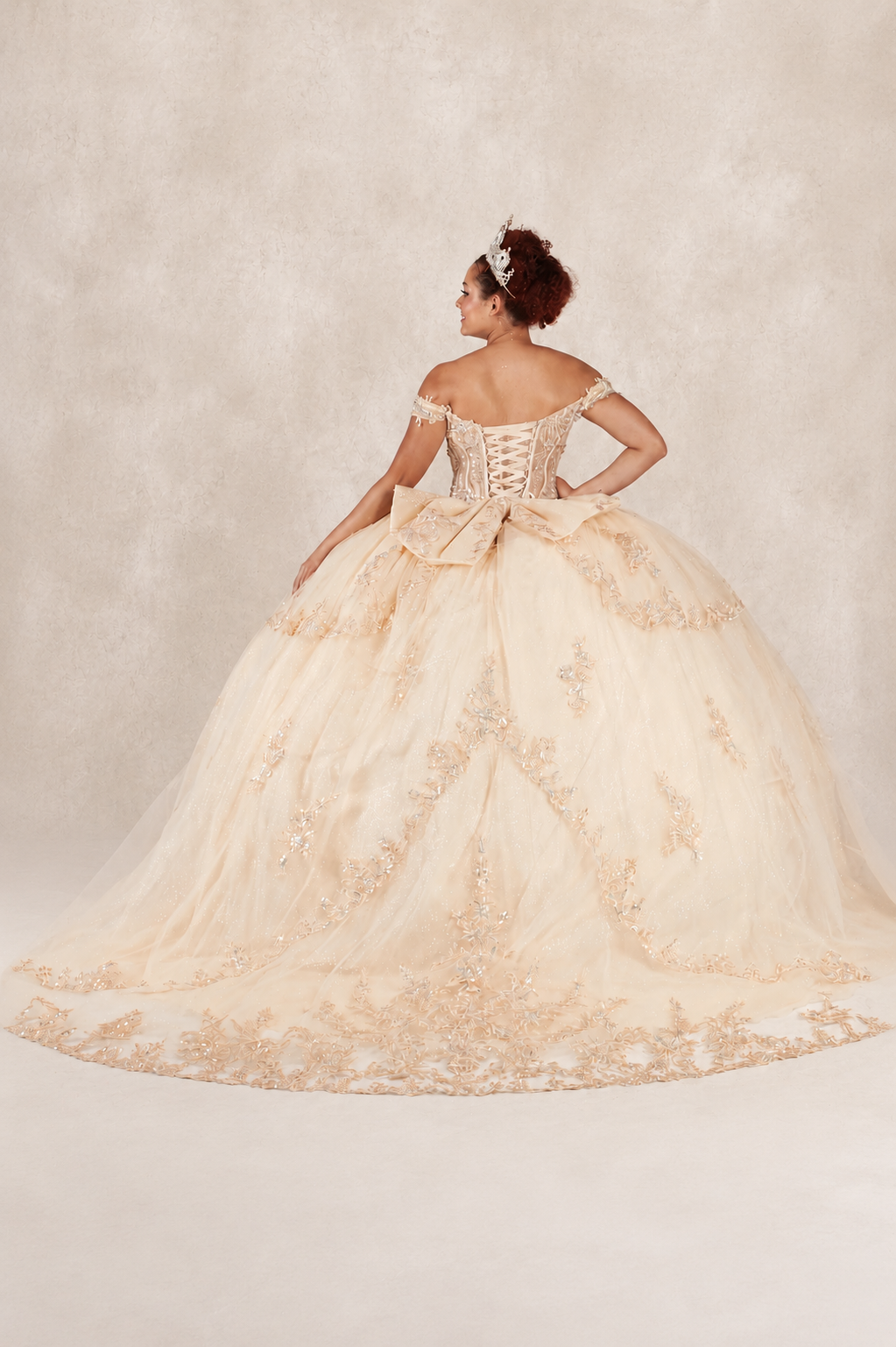 Regal Off-Shoulder Embroidered Ball Gown with Layered Overskirt (SCL-30040)