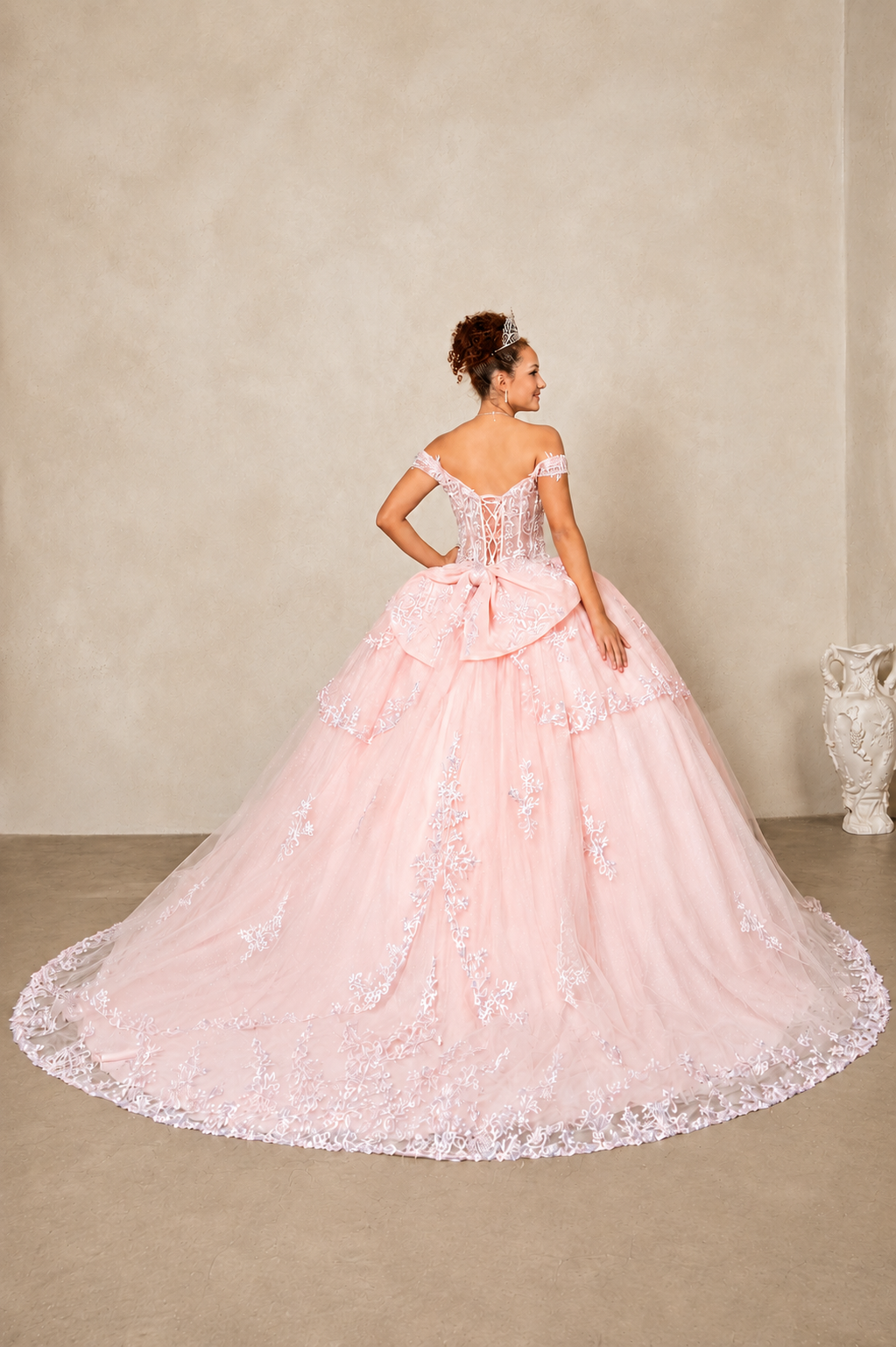 Regal Off-Shoulder Embroidered Ball Gown with Layered Overskirt (SCL-30040)