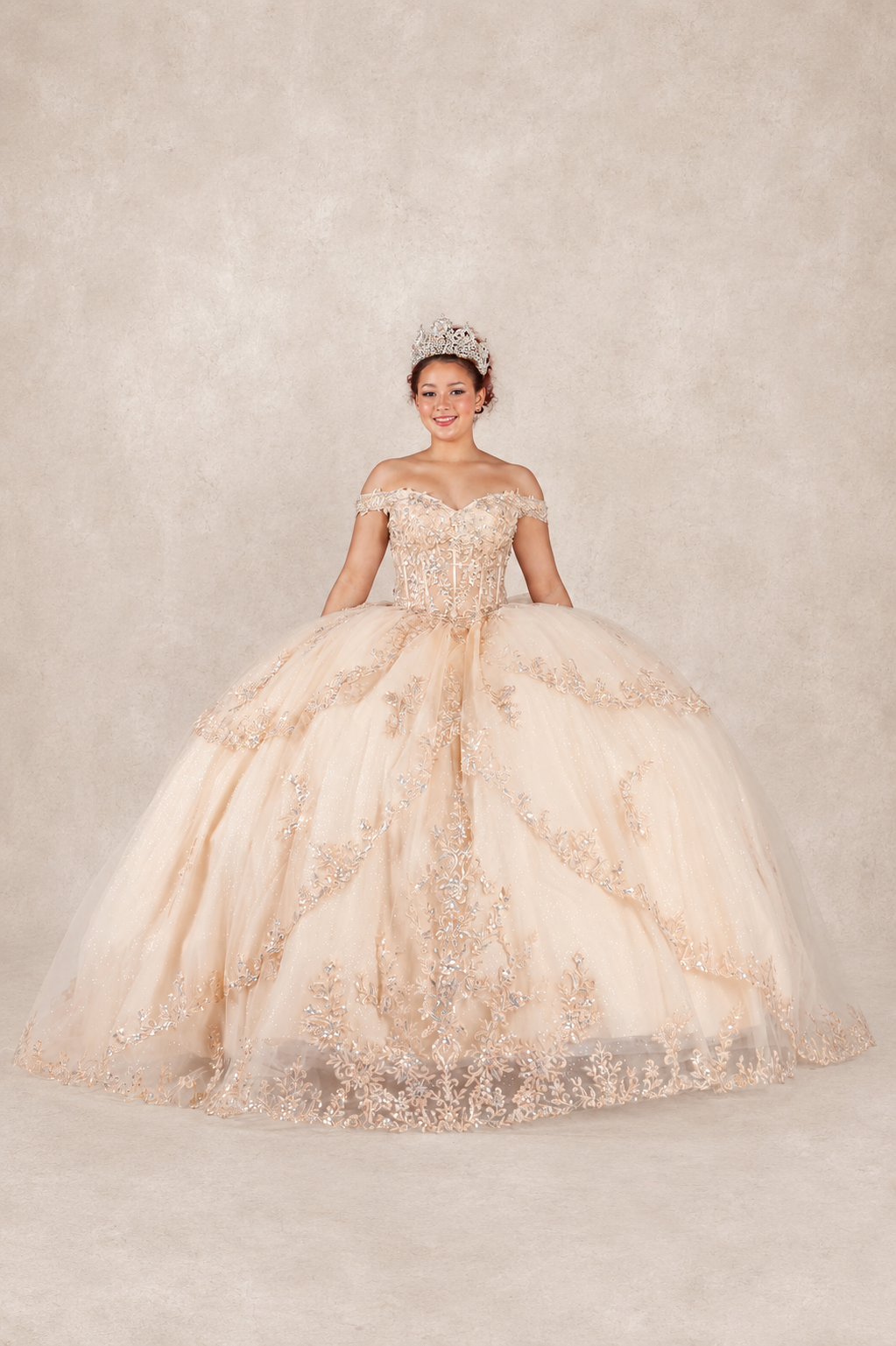 Regal Off-Shoulder Embroidered Ball Gown with Layered Overskirt (SCL-30040)
