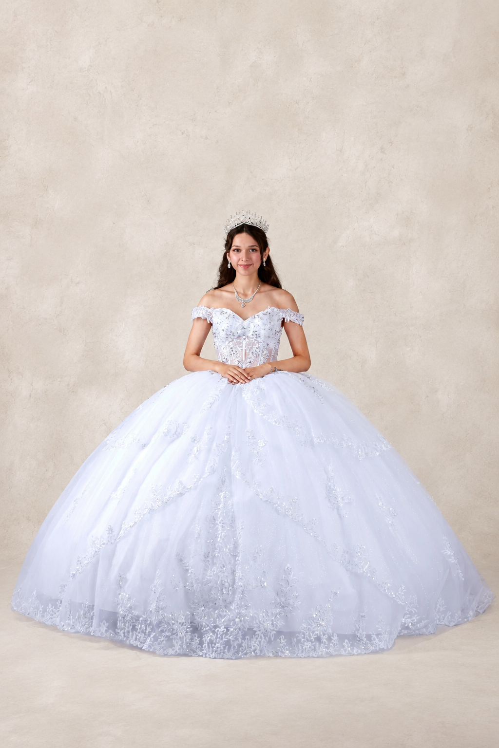 Regal Off-Shoulder Embroidered Ball Gown with Layered Overskirt (SCL-30040)
