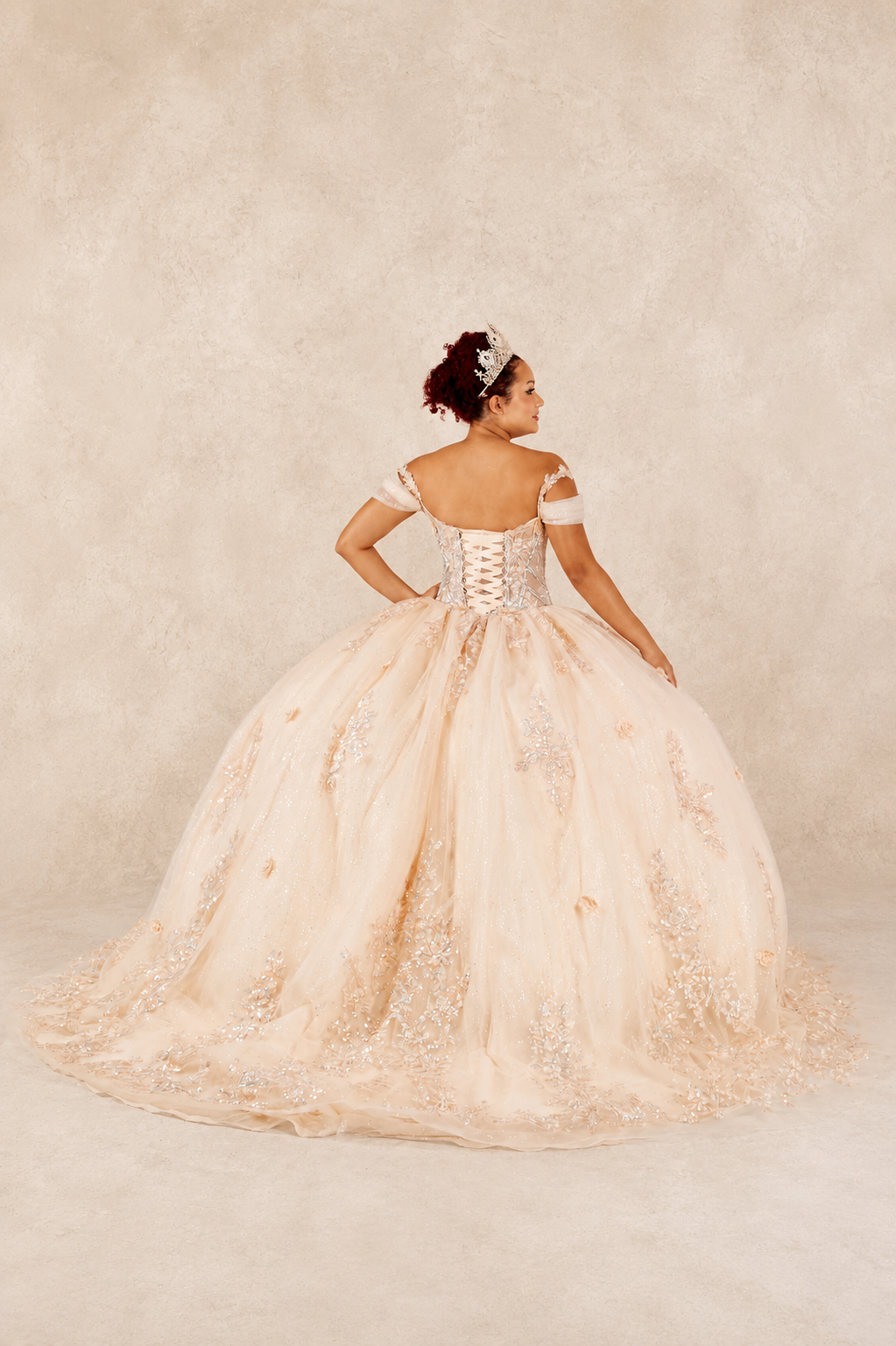 Enchanted Off-Shoulder Glitter Ball Gown with Embellished Corset Bodice (SCL-30042)