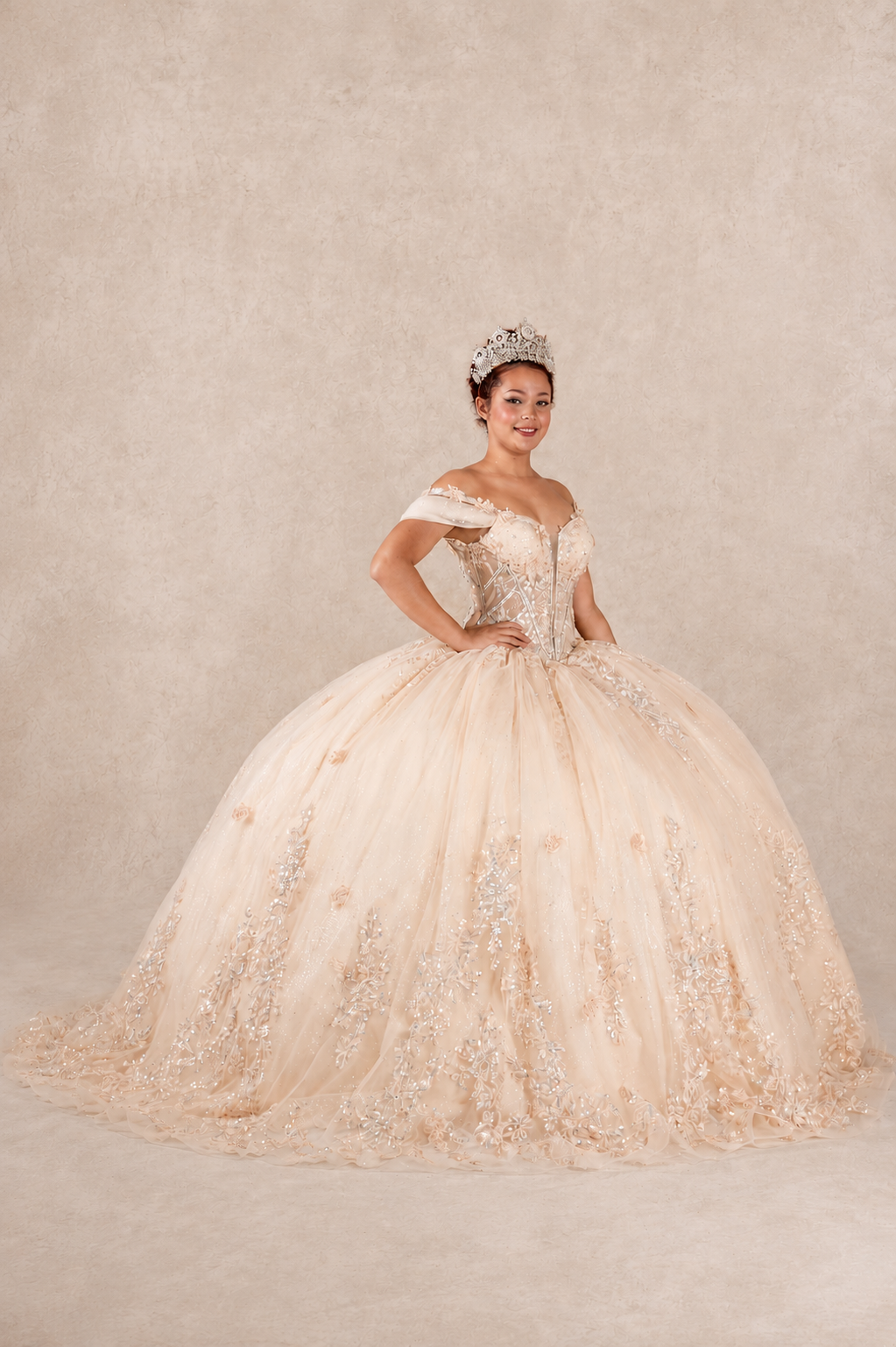 Enchanted Off-Shoulder Glitter Ball Gown with Embellished Corset Bodice (SCL-30042)