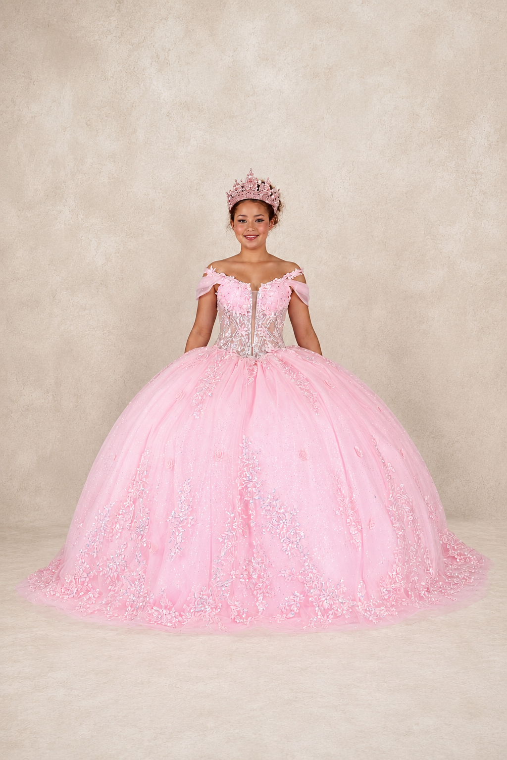 Enchanted Off-Shoulder Glitter Ball Gown with Embellished Corset Bodice (SCL-30042)