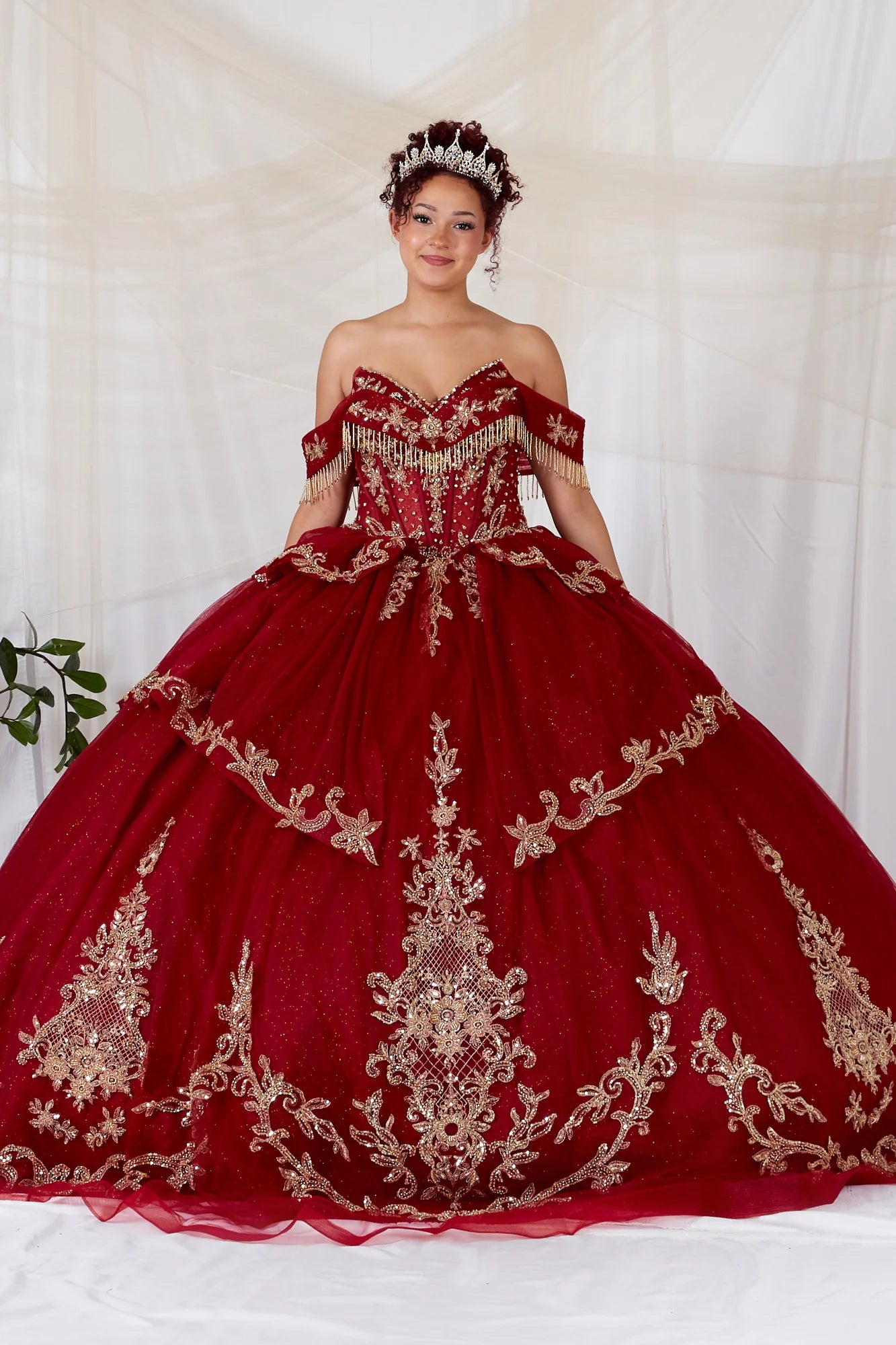 Regal Off-the-Shoulder Glitter Ball Gown with Ornate Embroidery and Statement Bow (SCL-30048)