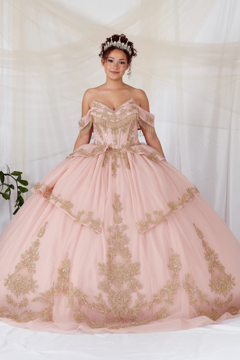 Regal Off-the-Shoulder Glitter Ball Gown with Ornate Embroidery and Statement Bow (SCL-30048)
