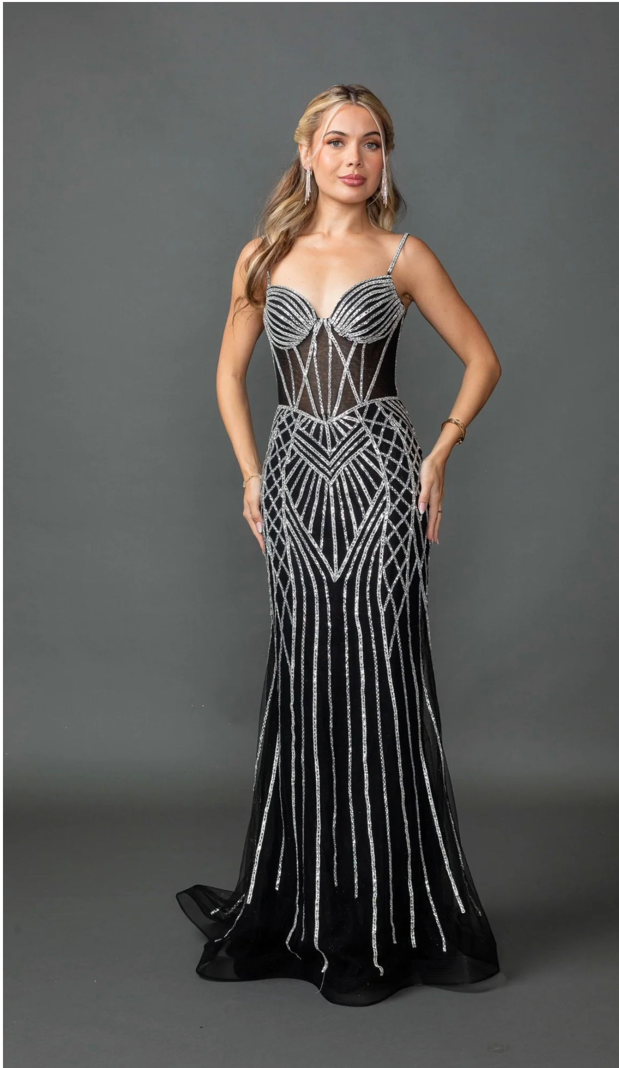 Beaded and Sequined Full Length Dress with Sheer Illusion Corset Bodice and Fitted Silhouette (4516)