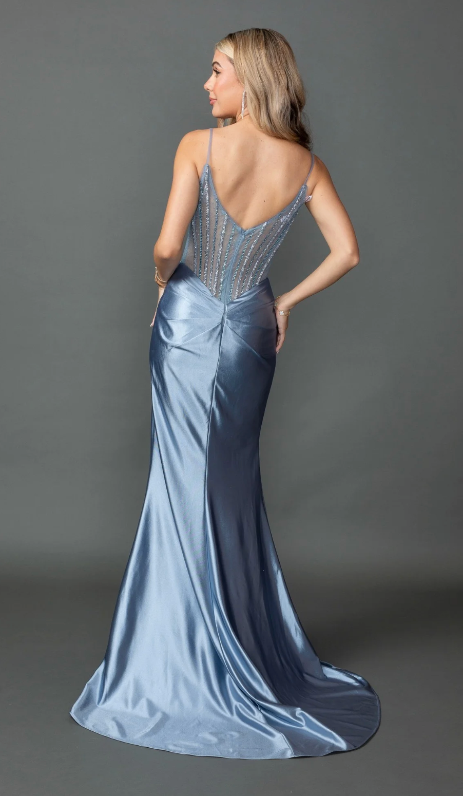 Satin Dress with Beaded Sheer Corset Bodice and High Slit Skirt (4507)