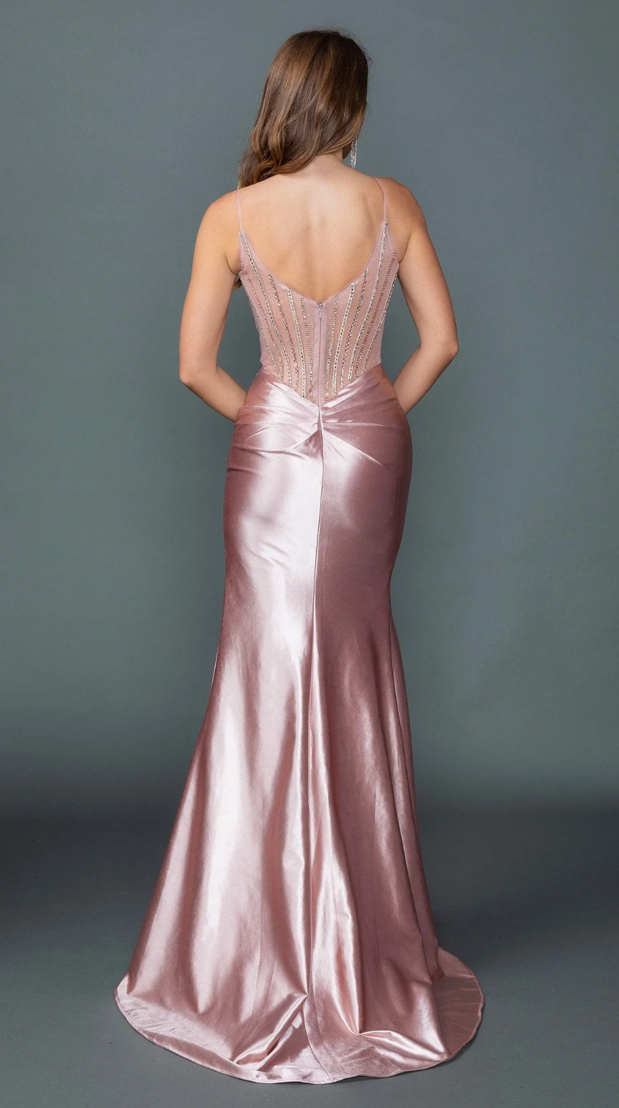 Satin Dress with Beaded Sheer Corset Bodice and High Slit Skirt (4507)
