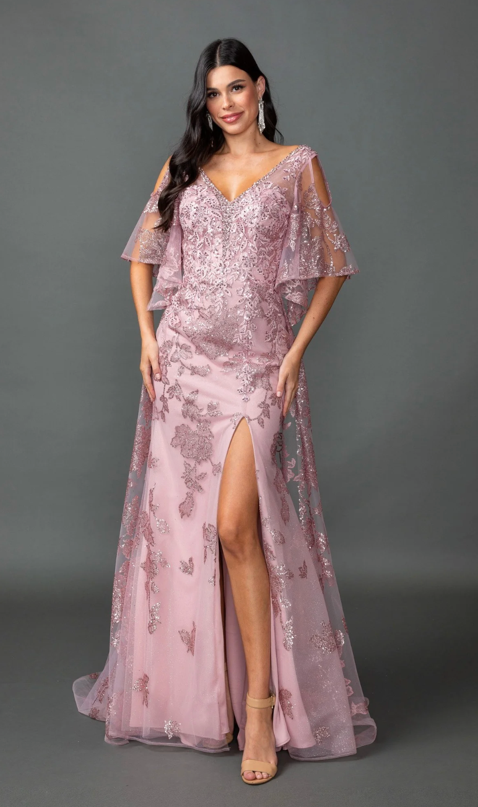Embellished A-Line Dress with Sheer Cape Sleeves and High Slit (4493)