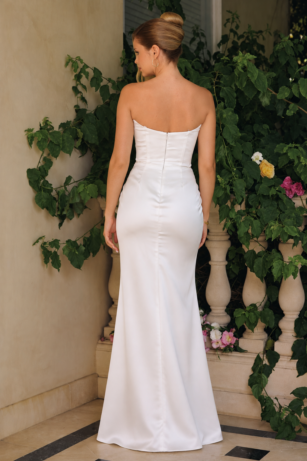 Draped Neckline Stretch Satin Gown with Removable Straps and High Slit (T820W)
