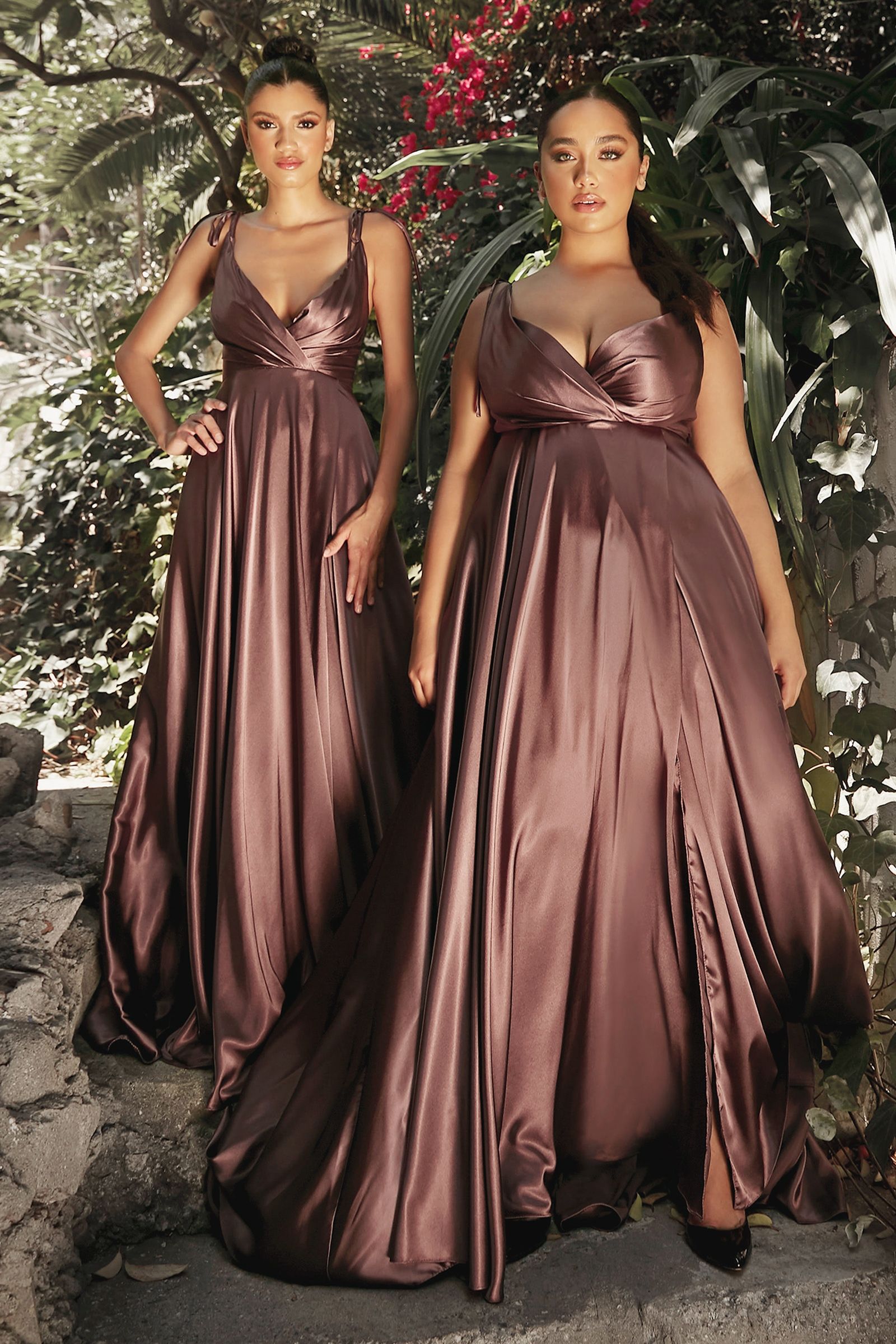 Elegant Plunging Satin A-Line Gown with Thin Straps and Slit (BD105)